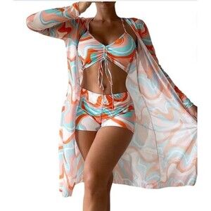 3 Piece Swimsuit Set Padded Top Boy Shorts Coverup Unbranded Size XL Coral Teal